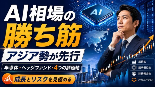 AI相場の勝ち筋をテーマに、半導体チップ、株価チャート、アジア市場、投資家の分析視点を表現したアイキャッチ画像