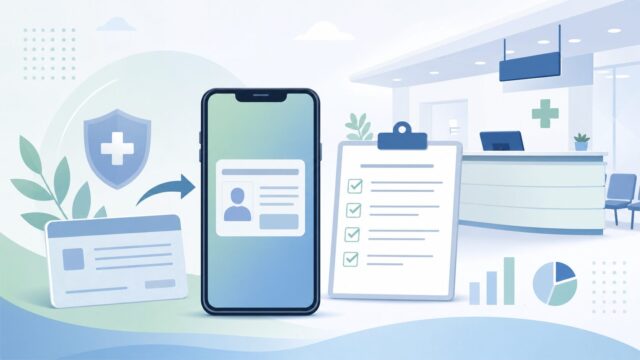 マイナ保険証と資格確認書の切り替えを、スマートフォンと受付書類で表した制度解説イラスト