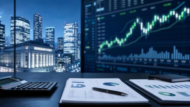 日経平均の最高値更新とTOPIX4000台到達を示す東京市場と抽象的な上昇チャートのイメージ