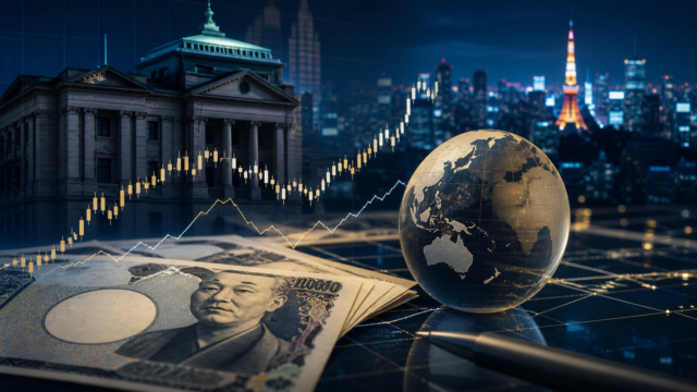 円紙幣、相場チャート、日銀を想起させる建物、東京夜景を組み合わせた為替政策のアイキャッチ